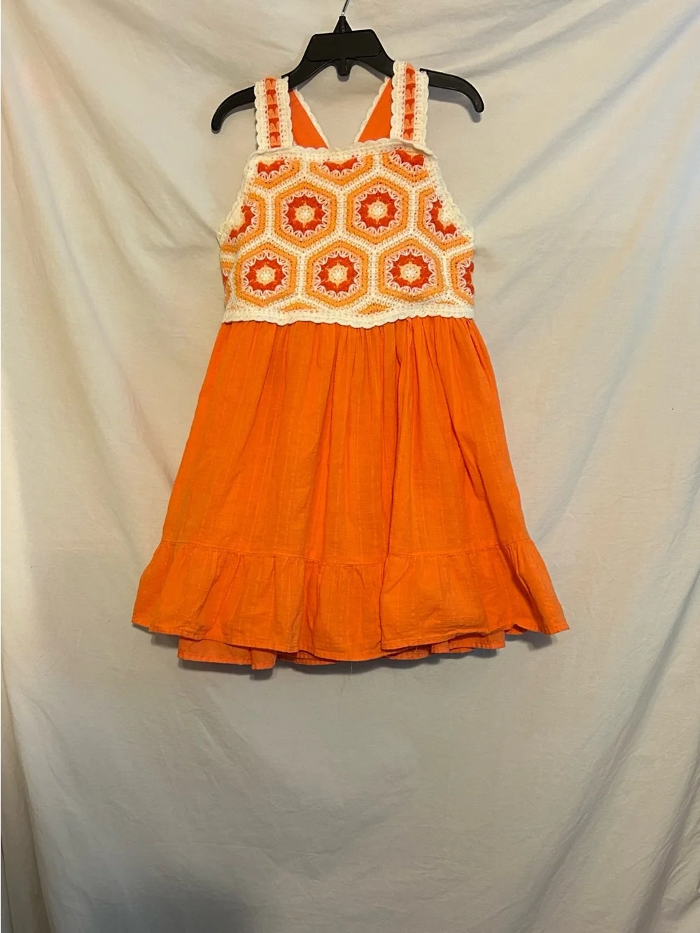 Haute Hippie Girls 8 Orange Crochet Granny Square Flower Top Sundress 70's Retro